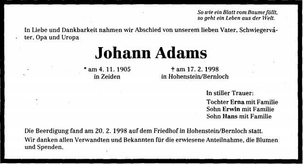 Adams Johann 1905-1998 Todesanzeige
